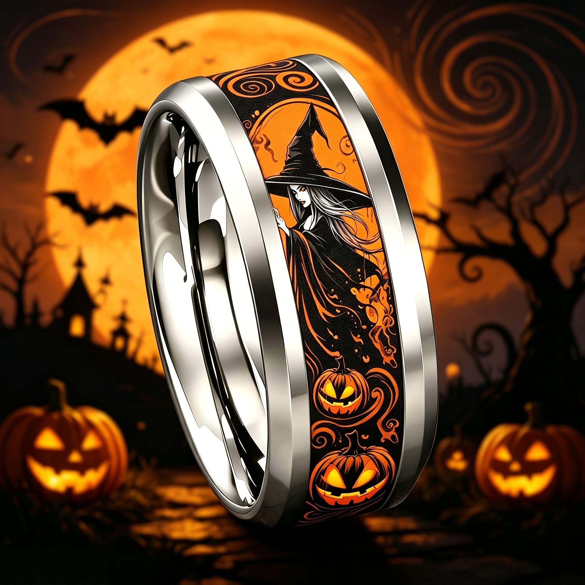 Halloween Witch 8mm Stainless Steel Ring, Waterproof